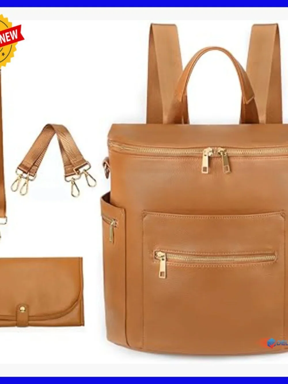 Large Leather Diaper Backpack with Laptop Sleeve & Changing Pad